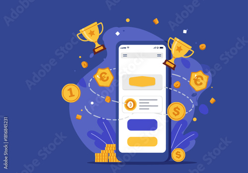Mobile Earning App Rewards Concept. Vector illustration of smartphone screen displaying online monetization, digital wallet, golden trophy cups, and scattered currency coins for contest success.