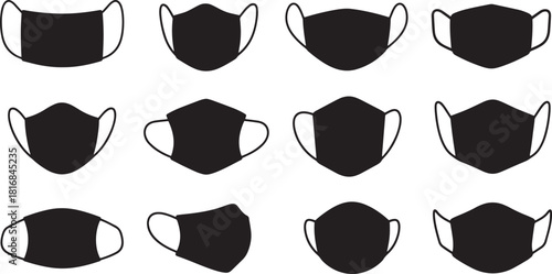 Twelve black silhouette face masks in different styles displayed against a white background