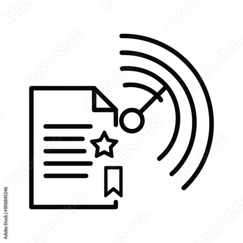 Black line icon representing document transmission, wireless signal, or digital content sharing isolated on