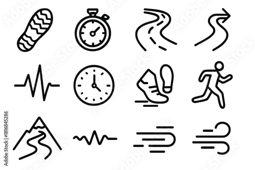 Runner's Path Icons. Running Cadence linear icon set: shoe print, stopwatch, pulse line, road path, arrow motion, heartbeat, clock, stride icon, runner silhouette, mountain trail