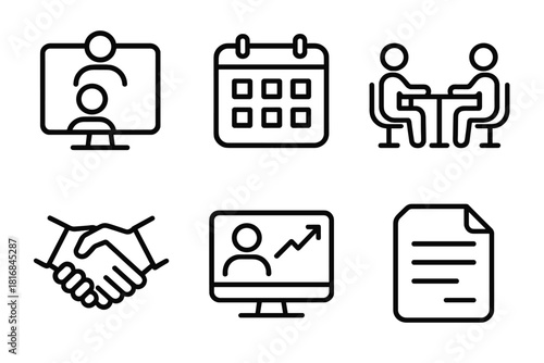 Collaborative Icon Set. Hybrid Collaboration linear icon set. video call, calendar, coworking table, shared screen, handshake, document