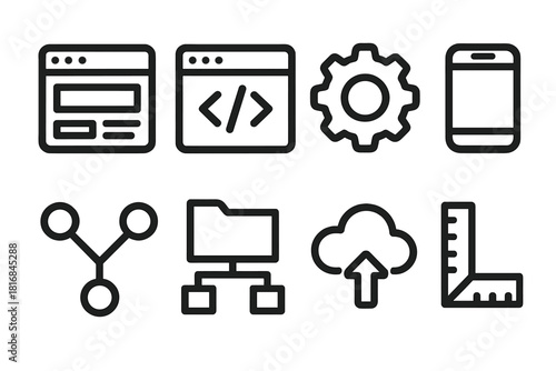 Web Development Icons. Web Development linear icon set. web page layout, code editor, gear settings, mobile device, data flow, folder structure, upload cloud, design ruler