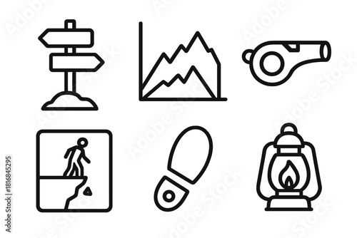 Mountain Navigation Icons. Mountain Navigation Essentials linear icon set: alpine trail sign, elevation chart, safety whistle, cliff edge marker, foothold symbol, guiding lantern