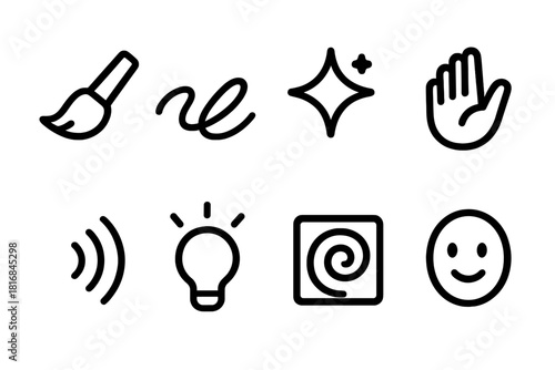 Creative Expression Icons. Creative Expression Icons linear icon set: brush sweep, flowing script line, emotive spark, gesture band, voice beam, idea arc, vivid mark tile