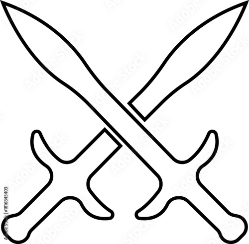 Crossed Swords Icon with Blade, Saber, Cutlass, Sword, Weapon, Steel and Combat Symbols in Black Line Style Vector for Medieval and Battle Design