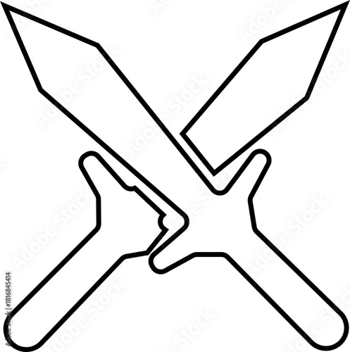 Crossed Swords Icon with Blade, Saber, Cutlass, Sword, Weapon, Steel and Combat Symbols in Black Line Style Vector for Medieval and Battle Design