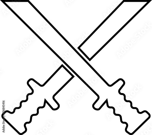 Crossed Swords Icon with Blade, Saber, Cutlass, Sword, Weapon, Steel and Combat Symbols in Black Line Style Vector for Medieval and Battle Design