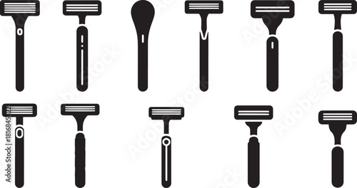 Various black razor silhouettes are displayed with differing blade counts and handle styles, presented on a transparent background