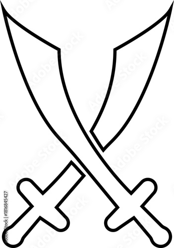 Crossed Swords Icon with Blade, Saber, Cutlass, Sword, Weapon, Steel and Combat Symbols in Black Line Style Vector for Medieval and Battle Design