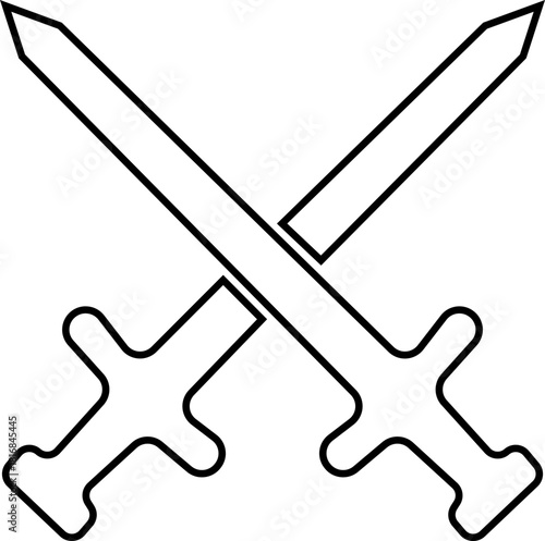 Crossed Swords Icon with Blade, Saber, Cutlass, Sword, Weapon, Steel and Combat Symbols in Black Line Style Vector for Medieval and Battle Design