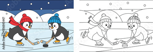 Coloring book page for kids. Two cute cartoon penguins playing ice hockey in winter. Vector illustration with colored example and black and white outline.
