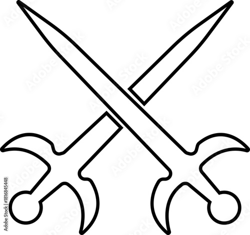 Crossed Swords Icon with Blade, Saber, Cutlass, Sword, Weapon, Steel and Combat Symbols in Black Line Style Vector for Medieval and Battle Design
