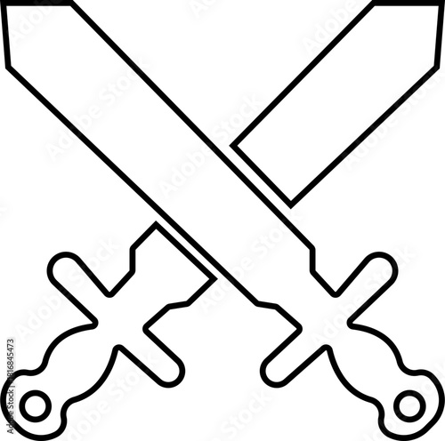 Crossed Swords Icon with Blade, Saber, Cutlass, Sword, Weapon, Steel and Combat Symbols in Black Line Style Vector for Medieval and Battle Design