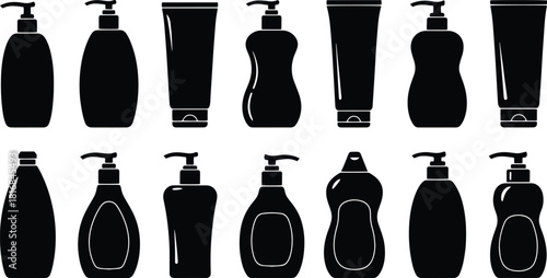 Various lotion bottles and tubes showcase diverse shapes and dispensing styles on a white background in black silhouette form