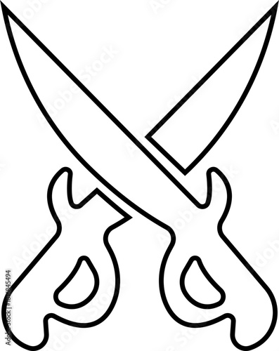 Crossed Swords Icon with Blade, Saber, Cutlass, Sword, Weapon, Steel and Combat Symbols in Black Line Style Vector for Medieval and Battle Design