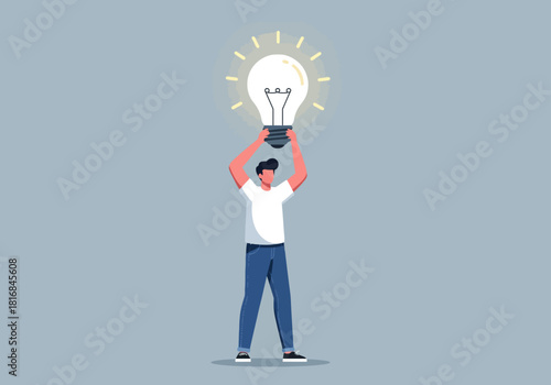 Vector illustration of a businessman holding a glowing light bulb, symbolizing successful ideas, inspiration, innovation, and breakthrough solutions.