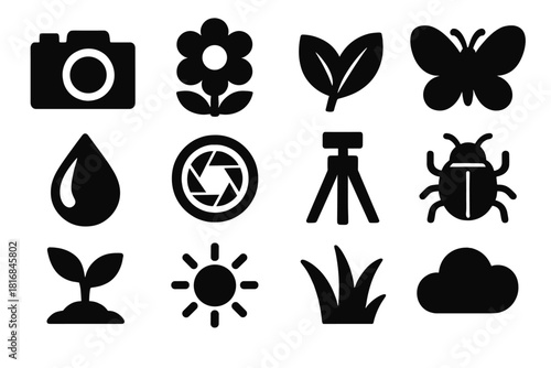 Macro Nature Icons. Macro Nature Photography silhouette icon set: camera, flower, leaf, butterfly, dew drop, lens, tripod, bug, plant, sun, grass, cloud