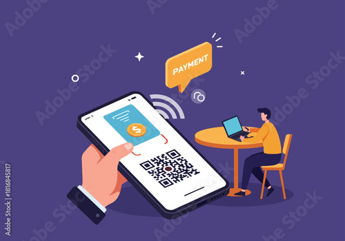 Secure Mobile Payment Concept via Smartphone, QR Code Scanning, and Contactless Digital Transaction Processing Illustration for E-commerce and Fintech.