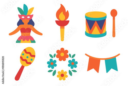 Vibrant Carnival Icons. Cultural Carnival flat icon set: costume, torch, drumstick, maraca, floral wreath, banner
