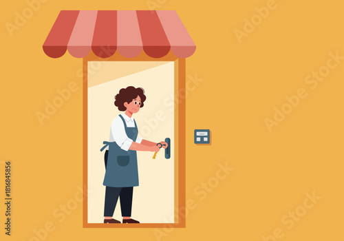 Small Business Owner or Employee Unlocking Shop Door. Startup Entrepreneur Opening Store Front in Morning or Closing Down, Daily Routine Illustration.