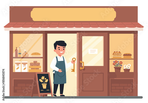 Small business owner holding a golden key, standing at the open door of his shop. Happy entrepreneur opening or closing the store, successful startup concept vector illustration.