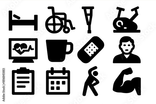 Bold Rehabilitation Icons. Medical Rehabilitation silhouette icon set. hospital bed, wheelchair, crutch, exercise bike, heart rate monitor, water cup, bandage, therapist, clipboard
