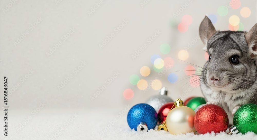 Fototapeta premium Cute grey chinchilla sitting in the snow with colorful Christmas ornaments. Festive holiday pet on a winter background with bokeh lights and copy space
