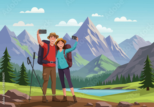 Happy Couple Hiking and Taking a Selfie in Scenic Mountain Landscape Vector Illustration. Man and Woman enjoying a romantic adventure trekking vacation.