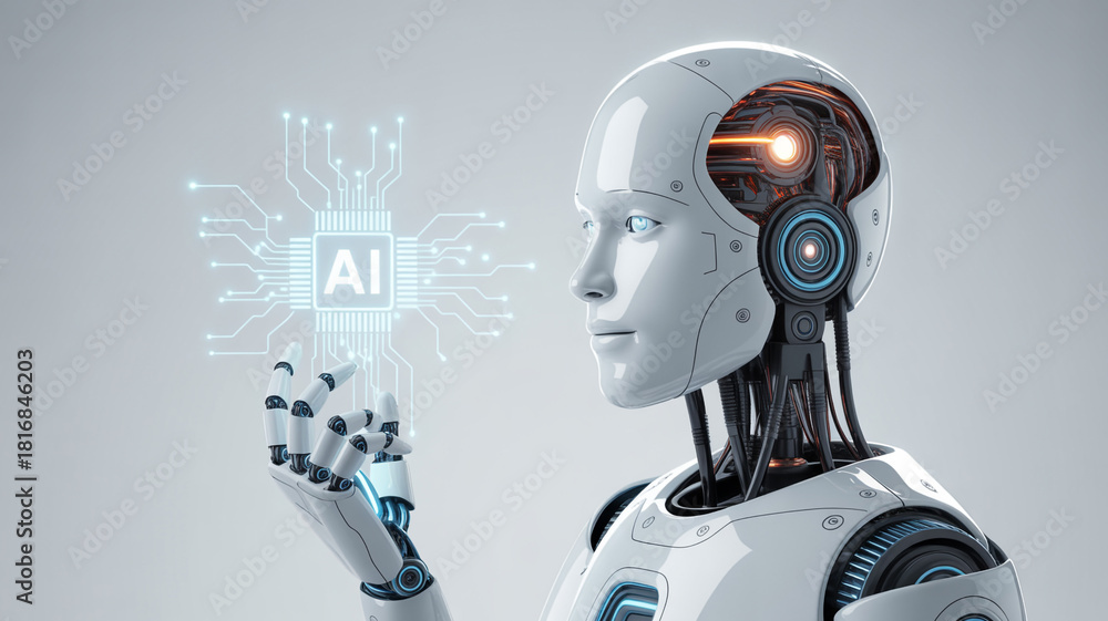 Fototapeta premium Sophisticated humanoid robot interacts with glowing AI circuit board, symbolizing future technology and artificial intelligence innovation