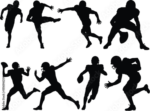 Vector silhouette set of American football players performing dynamic action poses including kicking running and passing isolated on white background for sport design
