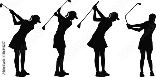Vector silhouettes of female golfer in multiple swing poses, perfect for sports illustrations, athletic designs, golf training graphics, outdoor activity artwork, and dynamic motion themes.