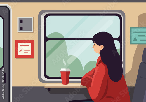 Young woman traveler enjoying hot coffee while looking out the window during a train journey. Flat design vector illustration of transportation and commuting.