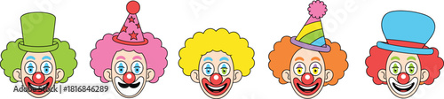 Vibrant Cartoon Clown Faces with Colorful Wigs, Makeup, and Detailed Party Hats, Ideal for Birthday Invites, Circus Posters, Entertainment Promotion, and Kids Events