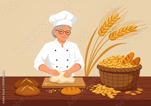 Happy Senior Baker Woman Kneading Dough for Homemade Bread. Elderly female chef preparing traditional pastry surrounded by wheat and grain vector illustration.