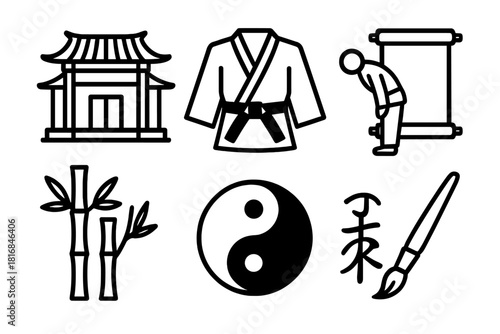 Martial Arts Icons. Traditional Practice linear icon set. dojo, gi uniform, black belt, bowing figure, scroll, bamboo, yin-yang symbol, calligraphy brush