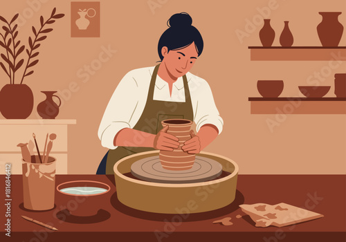 Artisan Woman Shaping Clay on Pottery Wheel, Creating Handmade Ceramics in Studio Workshop Vector Illustration