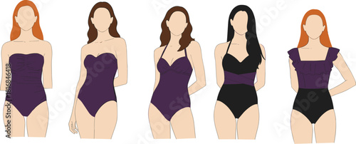Women in elegant swimsuits illustrated in flat vector style, featuring different poses, fashion designs, body shapes, summer clothing elements, and contemporary feminine character artwork.