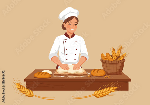 Happy professional female baker kneading dough illustration. Woman chef preparing bread, fresh baked goods and wheat on a wooden table in a bakery kitchen.