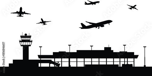 Airport terminal silhouette with control tower and airplanes taking off and landing, detailed aviation vector scene for travel design, transportation graphics, commercial flight illustrations