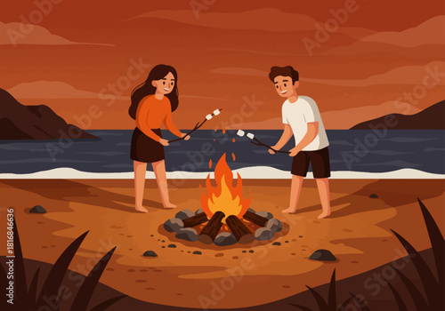 Romantic flat illustration of a young couple roasting marshmallows over a cozy beach campfire during sunset, summer vacation, date night concept, vector art.