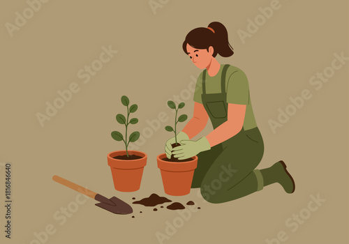 Young woman planting small seedling in terracotta pot. Home gardening hobby, transplanting soil, sustainable living flat vector illustration.