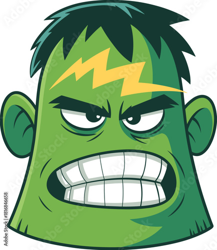Angry green cartoon monster head with lightning scar on forehead and gritted teeth vector illustration for halloween scary character design isolated on white background.