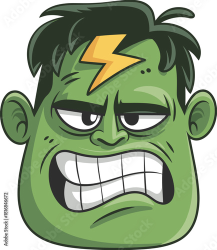 Angry cartoon monster face illustration featuring green character head with clenched teeth, lightning mark, expressive eyes, and bold comic-style design elements