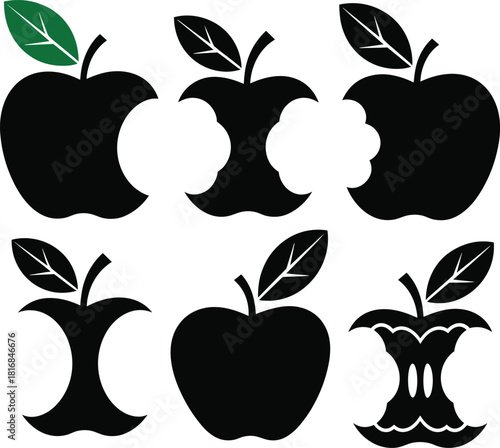 Apple Silhouettes Showing Whole, Half-Eaten, and Core Shapes, Representing Fruit, Healthy Snack, Organic Food, Diet, and Waste Concepts in Black and White
