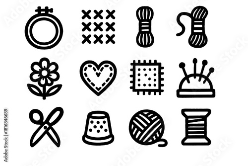 Stitching Icon Set. Handcrafted Stitching silhouette icon set: embroidery hoop, cross-stitch pattern, thread skein, flower design, heart stitch, fabric patch, scissors, thimble
