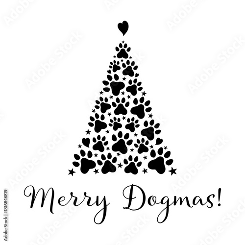 Merry Dogmas paw print Christmas tree, hand drawn vector illustration. Christmas and New Year symbol for dog lovers. Unique silhouette icon for festive winter designs and decorations.