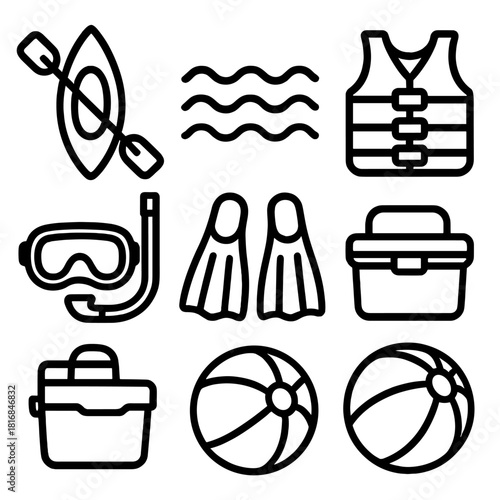 Aquatic Adventure Icons. Water Fun linear icon set. kayak, paddle, waves, life vest, snorkel mask, flippers, cooler box, beach ball