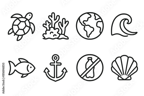 Sea Icons Illustrated. Protect the Seas linear icon set: turtle, coral reef, globe, wave, fish, anchor, plastic-free icon, shell