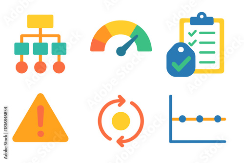 Quality Control Icons. Operational Quality Control Elements flat icon set: workflow chart, tolerance bar, sample tag, verification check, audit sheet, risk marker, control loop
