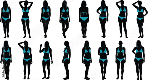 black female silhouettes wearing blue two piece bikinis standing in different poses isolated on white background for summer fashion vector design